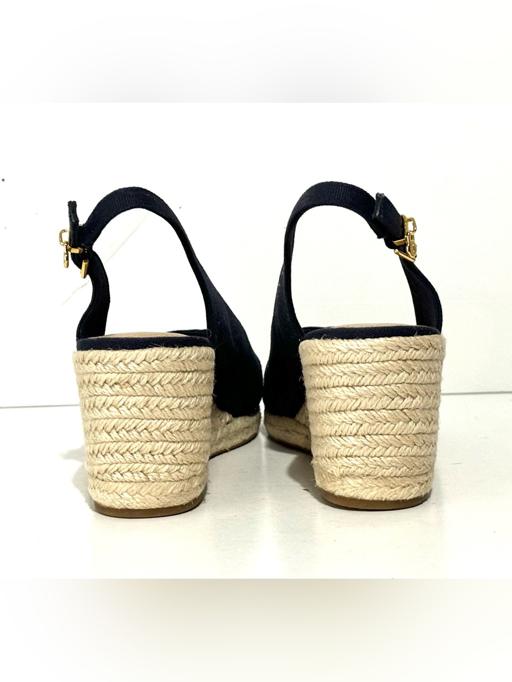 Ralph Lauren Navy Gold Canvas Espadrille Wedge Slingback Size 9 EUC - Picture 7 of 10
